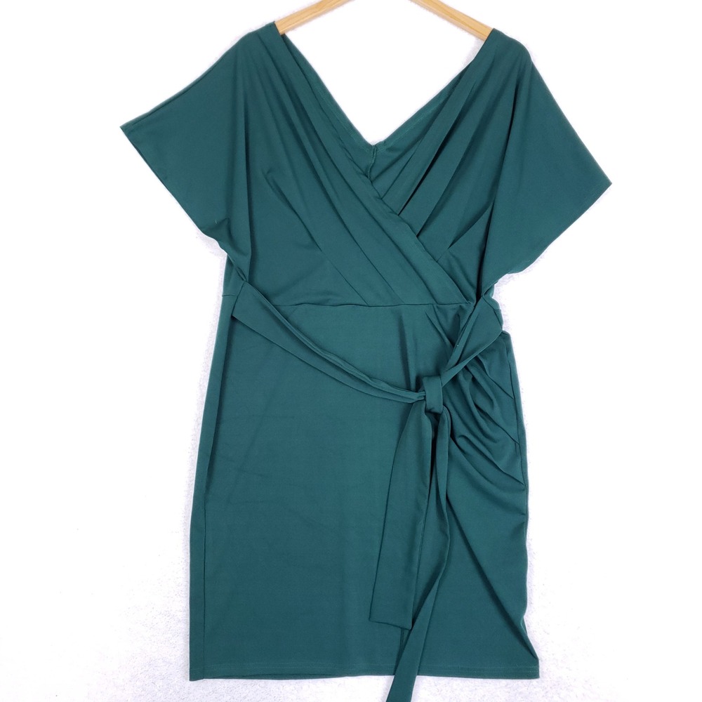 SHEIN CURVE Wrap Dress Women 1XL Plus Ruched Side Tie Short Sleeve Emerald Green